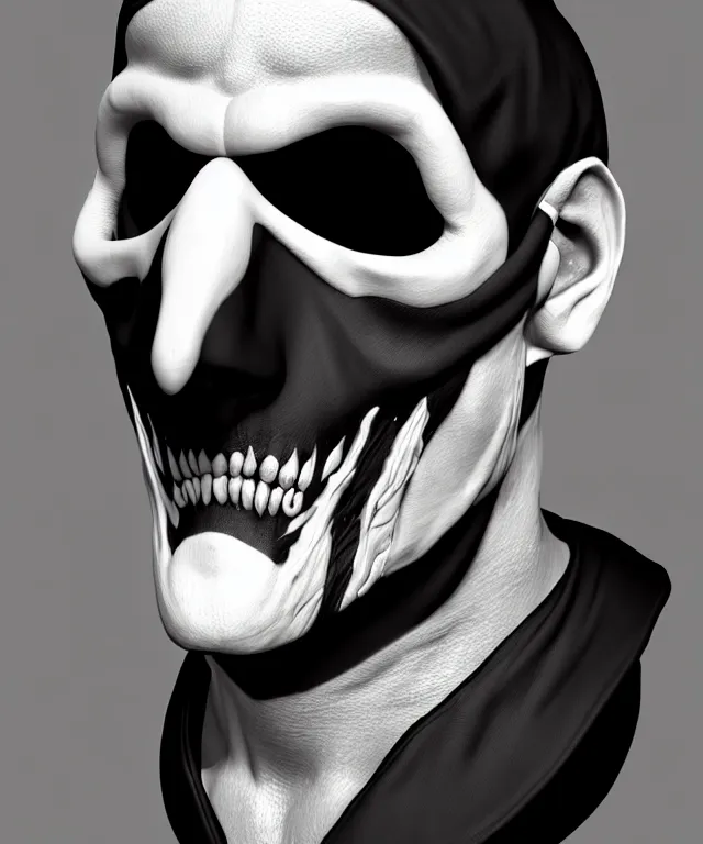 Prompt: white man with black fabric mask, short dark hair, highly detailed face!!!, true anatomy!, extremely detailed!, digital painting, unreal engine 5, art by alberto mielgo