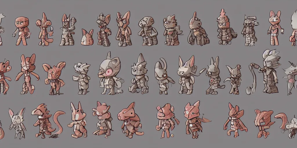 Prompt: small creatures called critters, made out of individual bricks. cute looking, kawaii, sharp focus, moebius, character sheet, game concept art, brush work