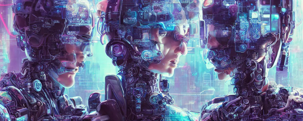 Prompt: portrait of a cyberpunk sci-fi artificual intelligence machine, third person, D&D, sci-fi fantasy, intricate, hologram colors , highly detailed, art by Range Murata, highly detailed, isometric 3d, octane render, bright colors, digital painting, trending on artstation, sharp focus, illustration style of Stanley Artgerm,