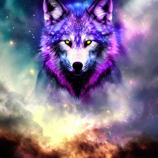 Image similar to of a fantasy sky of purple and blue a wolves face is the whole of sky with 5 0 % opacity and there are stars and galaxy ’ s and his eyes are piercing digital art epic cinematic lighting detailed