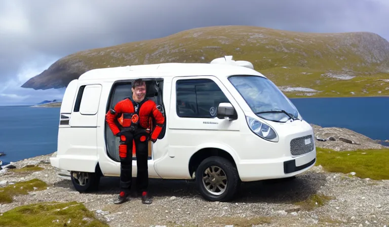 Image similar to tourist astronaut in sci-fi suit, standing in the Isle of Harris, Scotland, a futuristic campervan in the background, wide angle lens, photorealistic