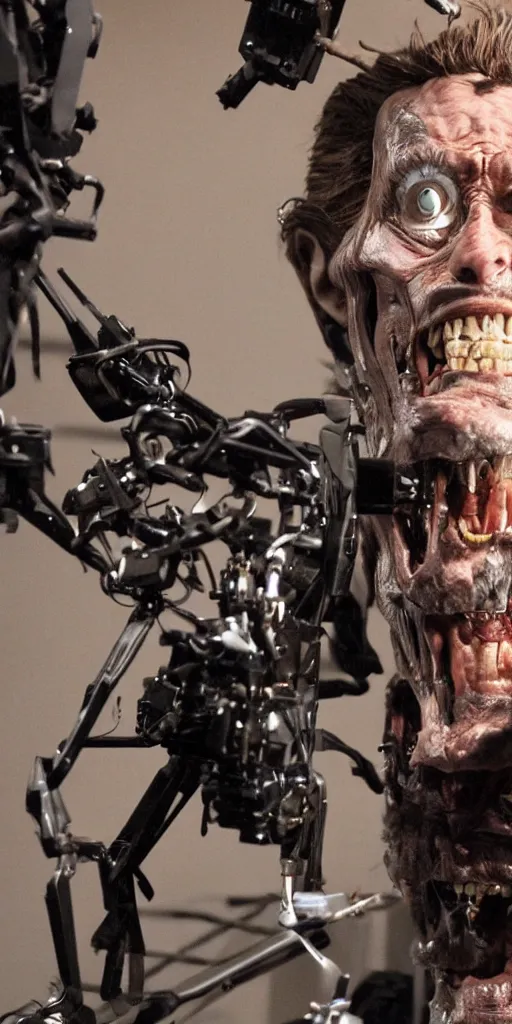 Image similar to animatronic Willem Dafoe by Stan Winston studios, behind the scenes photo, detailed, 4k