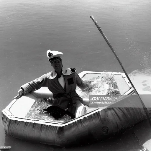 Image similar to admiral Nelson captains a raft in a swimming pool in Southern California,