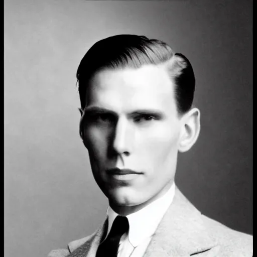 Image similar to A photograph portrait of Jerma985 wearing a suit with short slicked hair in the early 1930s, taken in the early 1930s, grainy, taken on a early 1930s Kodak Camera, realistic, hyperrealistic, very realistic, highly detailed, very detailed, extremely detailed, detailed, digital art, trending on artstation