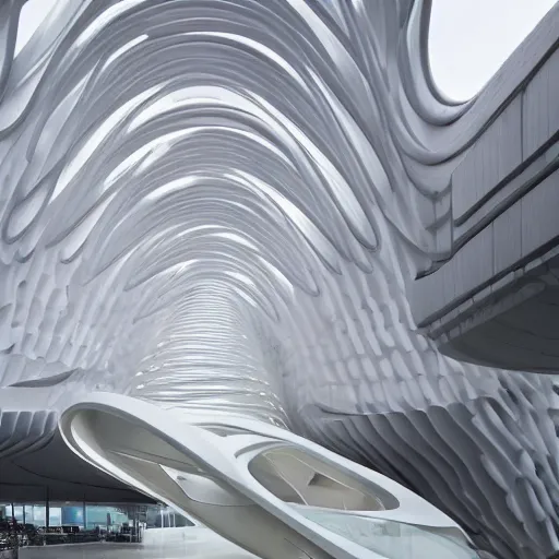 Prompt: A futuristic architectural masterpiece by Zaha hadid, detailed