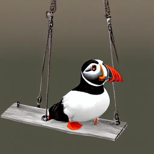 Image similar to realistic puffin sitting on a swing, hyper detailed, trending on artstation