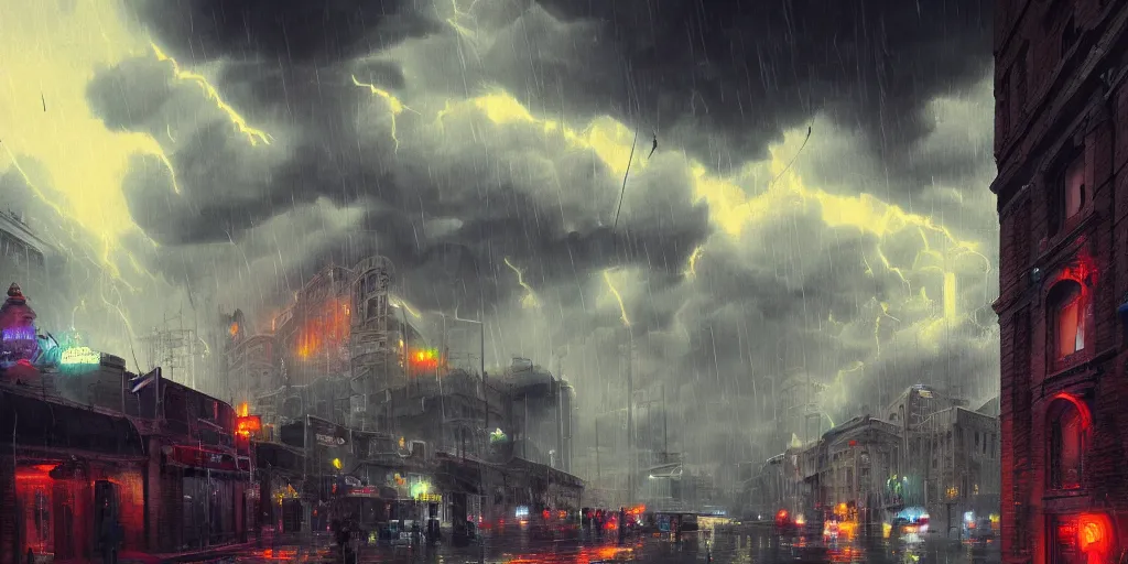 Prompt: centered photograph of severe weather storms above an Beautiful Orwellian City, architecture, detailed textures, hyper realistic, vibrant colors, cinematic lighting, graffiti art style, climate change, digital art painting by greg rutkowski, cinematic, concept art, 35mm grain filter, artstation