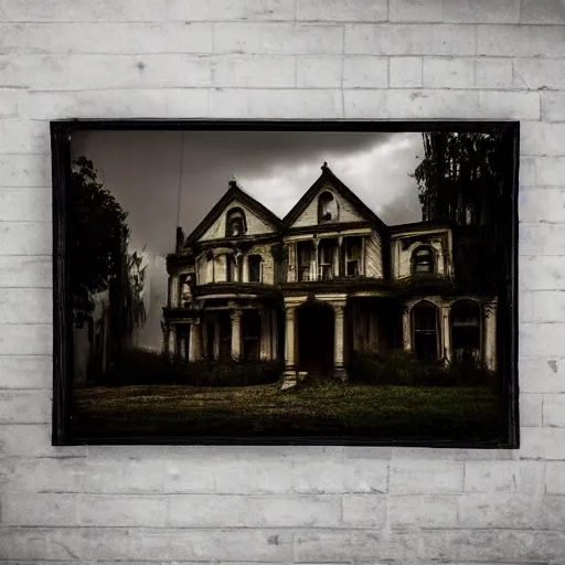 Image similar to a real photo of a horror mansion, in a lighting storm, portrait, 4 k, 8 0 mm, higly detailed, cinematic,