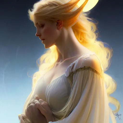 Image similar to Portrait of a girl with blonde hair, a glowing halo, a sheer translucent vale, huge highly detailed wings, fantasy, intricate, elegant, highly detailed, digital painting, artstation, concept art, smooth, sharp focus, illustration, art by Krenz Cushart and Artem Demura and alphonse mucha