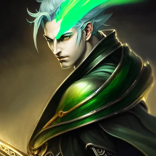 Prompt: a man with dark green hair, green glowing eyes what look like a clock, high detail clothing, fantasy, elegant, highly detailed, digital painting, artstation, concept art, smooth, sharp focus, illustration, artbook, dynamic pose, splash art, promo art, soul calibur, art by artgerm and greg rutkowski and bo chen and jin xiaodi