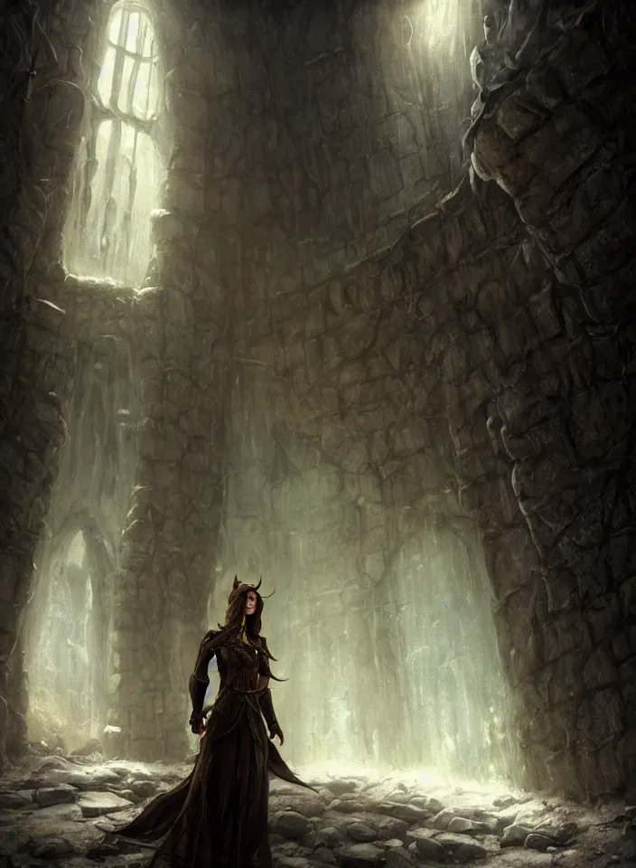 Image similar to a portrait of an elven sorceress exploring an abandoned dwemer dungeon from skyrim, fantasy setting, cold environment, serene colors, soft lighting, atmospheric, cinematic, moody, in the style of diego koi, gina heyer, luiz escanuela, art by alyssa monk, hyperrealism, rule of thirds, golden ratio, oil on canvas, 8 k