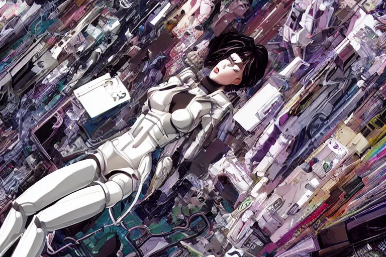 Image similar to a finely composed cyberpunk illustration of a group of white female androids' in style of hajime sorayama, lying scattered over an abstract, empty, white floor, by masamune shirow and katsuhiro otomo, hyper-detailed, colorful, view from above, wide angle, close up, spacious