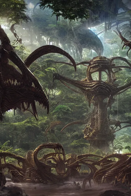 Prompt: alien hive in the exotic jungle, landscape, alex ross, giga, david finch, concept art, matte painting, highly detailed, rule of thirds, dynamic lighting, cinematic, detailed, denoised, centerd