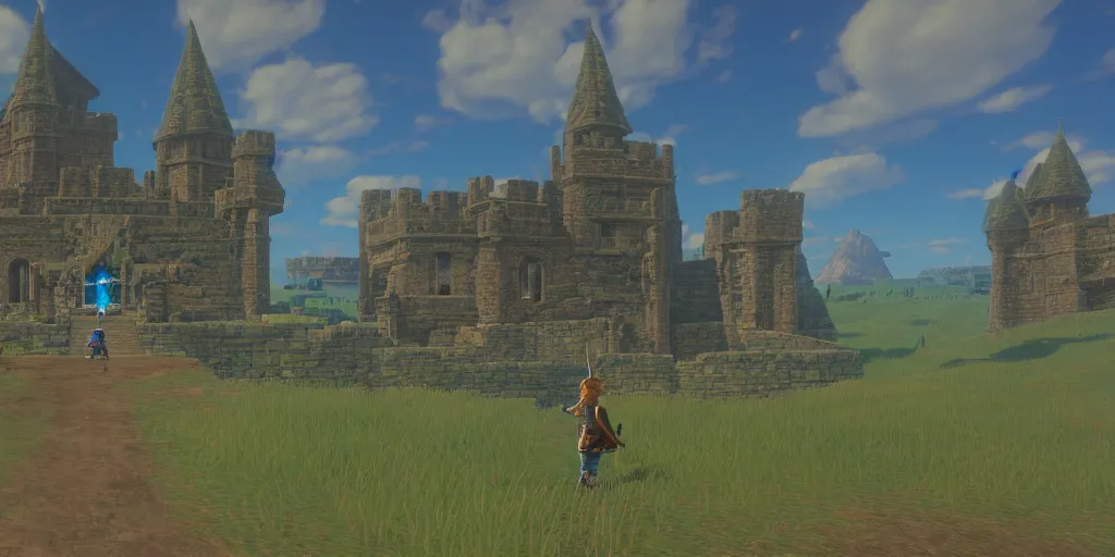 Image similar to first person perspective establishing shot of Hyrule Castle from legend of zelda breath of the wild, rendered in Unreal Engine:1|photorealistic, cinematic:0.9|Octane, finalRender:0.8|devfiantArt, artstation, artstation HQ, behance, HD, 16k resolution:0.6|people, faces, humans:-1