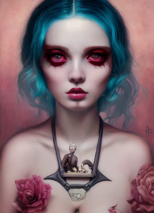 Image similar to pop surrealism, lowbrow art, realistic seductive woman painting, body harness, hyper realism, muted colours, rococo, natalie shau, loreta lux, tom bagshaw, mark ryden, trevor brown style,
