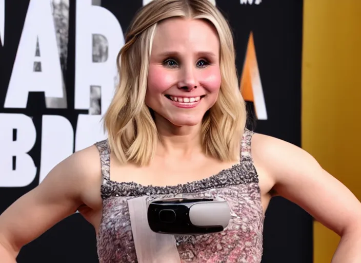 Prompt: first person vr video, photograph of my hand touching kristen bell's fat chubby belly, her belly is fat and round, 8 k, sharp, detailed