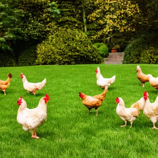 Prompt: chickens on grass, blurry photo