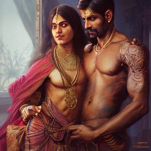 Image similar to portrait painting of dark muscular indian royal couple hugging, ultra realistic, concept art, intricate details, eerie, highly detailed, photorealistic, octane render, 8 k, unreal engine. art by artgerm and greg rutkowski and alphonse mucha