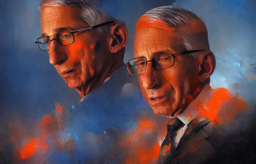Prompt: Anthony Fauci struggles to be heard, by Greg Rutkowski and Dave McKean blue and orange color palette