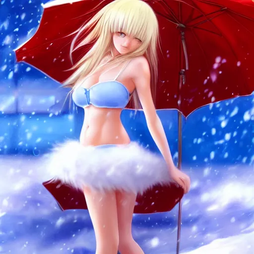 Prompt: full body shot : a very beautiful young blond anime girl on a snowstorm, santa hat, sky blue eyes,, bikini, miniskirt, highly detailed, cinematic wallpaper by stanley artgerm lau