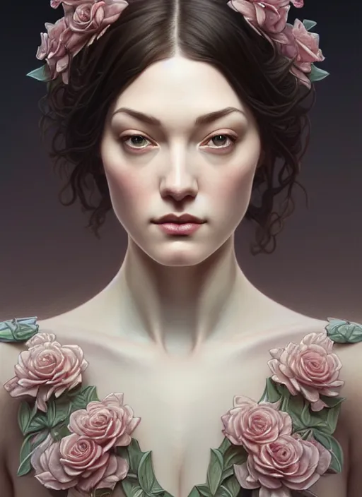 Image similar to symmetry portrait of floral stoya, intricate, elegant, highly detailed, digital painting, artstation, concept art, smooth, sharp focus, illustration, art by artgerm and greg rutkowski and alphonse mucha, 8 k