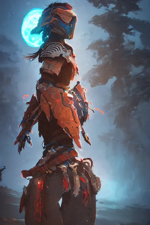 Image similar to combination suit armor aloy horizon forbidden west horizon zero dawn radiating a glowing aura global illumination ray tracing hdr fanart arstation by ian pesty and alena aenami artworks in 4 k tribal robot ninja mask helmet backpack