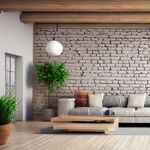 Image similar to hyper realistic one point perspective of living room, wood, concrete, brick