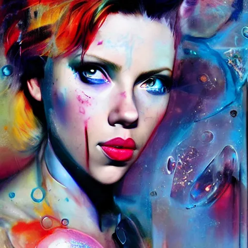 Prompt: drunken scarlett johansson as delirium from sandman, one green eye and one blue eye, ( hallucinating colorful soap bubbles ), by jeremy mann, by sandra chevrier, by dave mckean and richard avedon and maciej kuciara, 8 0's, punk rock, tank girl, high detailed, 8 k