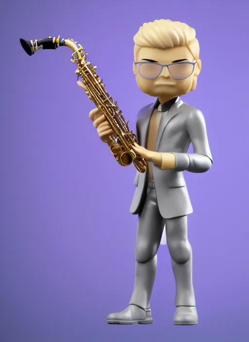 Image similar to full body 3d render of blond futuristic man playing sax as a funko pop!, studio lighting, grey background, single body, no shadow, blender, trending on artstation, 8k, highly detailed