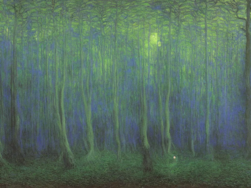 Image similar to ! dream glowing forest of mounds in the auroral psychedelia. dark, looming shadows over the mask. painting by monet, arnold bocklin, wayne barlowe, agnes pelton, rene magritte