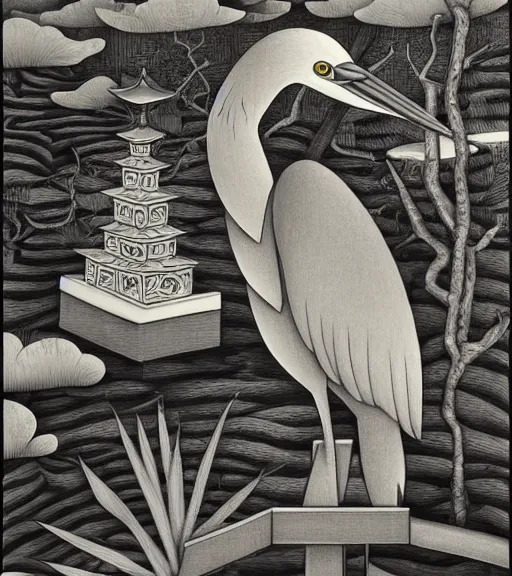 Prompt: the shrine of the heron by Shen Quan, trending on tumblr, HD, detailed, cubism, monochrome, realism, painting, shintoism