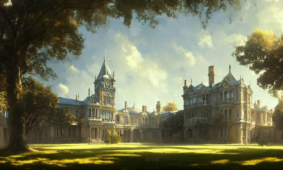 Prompt: a large victorian college building with other houses and trees, blue sky, highly detailed, sunny, volumetric, cinematic lighting, realistic, digital art by greg rutkowski