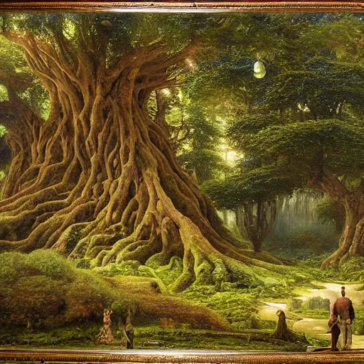 Image similar to a beautiful and highly detailed matte painting of a giant tree in a magical garden in lush forest in the valley of dreams, intricate details, epic scale, insanely complex, 8 k, sharp focus, hyperrealism, very realistic, by caspar friedrich, james gurney, brian froud,