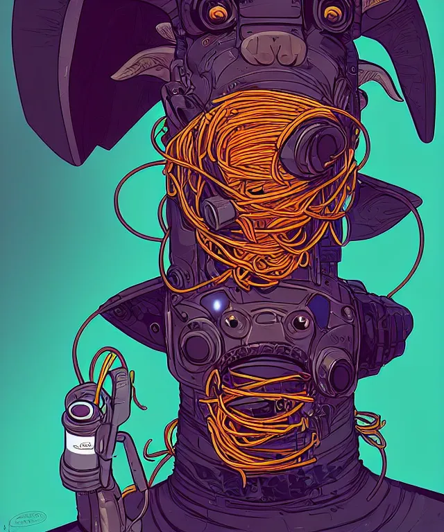 Image similar to a portrait of an anthropomorphic cyberpunk goat eating spaghetti, cyberpunk!, fantasy, elegant, digital painting, artstation, concept art, matte, sharp focus, illustration, art by josan gonzalez