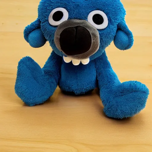 Image similar to plush toy 3 eyed blue puppy with beads for eyes, unreal engine