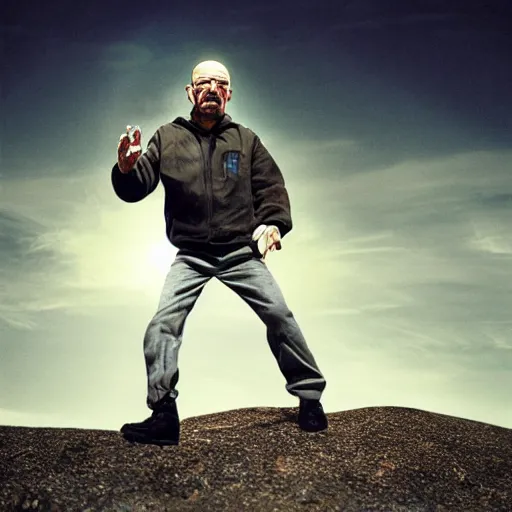 Prompt: walter white falling from the sky, motion blur, album cover