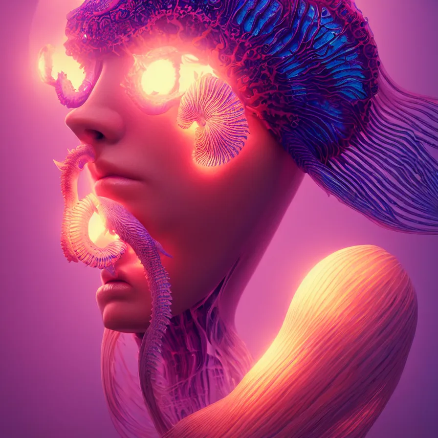 Prompt: goddess close-up portrait. orchid jellyfish phoenix head, nautilus, skull, betta fish, bioluminiscent creatures, intricate artwork by Tooth Wu and wlop and beeple. octane render, trending on artstation, greg rutkowski very coherent symmetrical artwork. cinematic, hyper realism, high detail, octane render, 8k