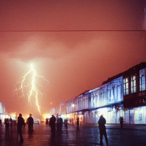 Prompt: 1990s movie , orbit space soviet city Norilsk street with many pedestrians as a loading screen , Cinestill 800t 18mm, heavy grainy picture, very detailed, high quality, 4k panoramic, dramatic lightning, streetlight at night, rain, mud, foggy, soviet flags