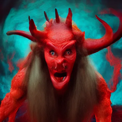 A Devilish Red Monster With Horns Licking Hot Lava 