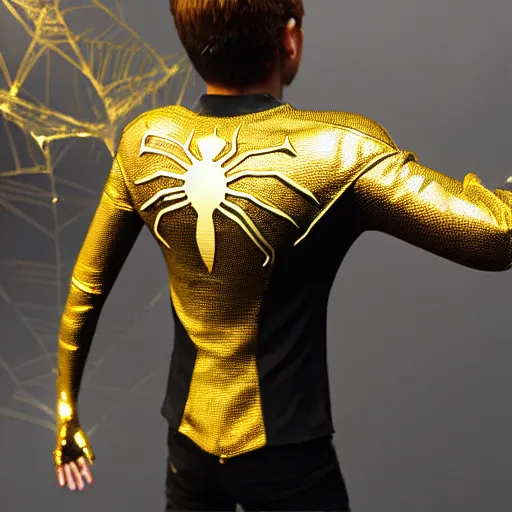 Image similar to gold spider - man suit with black web lining, cinematic, volumetric lighting, realistic, hyperdetailed, photorealistic, photograph