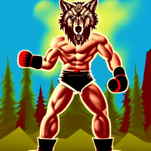 Prompt: full body portrait. 8 bit graphics. antropomorphic muscular masculine wolf. kickboxer fighter, in shorts. wolf head. furr on body. at night. burning houses on background, dark colors, 1 9 8 9