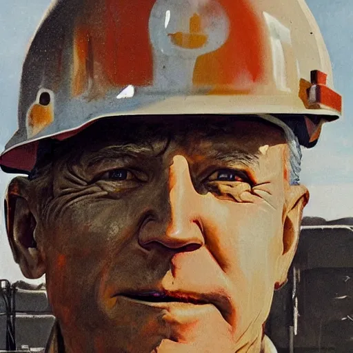 Image similar to Joe Biden as a roughneck oil field worker, high detail, portrait, close up, dirty, hard hat, oil, grit