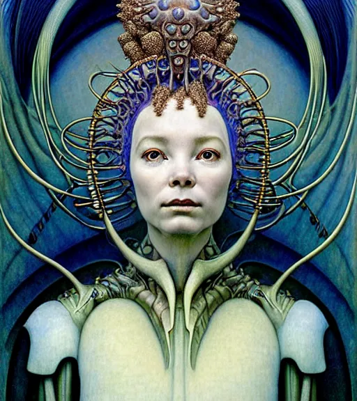 Prompt: detailed realistic beautiful young bjork alien robot as queen of mars face portrait by jean delville, gustave dore and marco mazzoni, art nouveau, symbolist, visionary, gothic, pre - raphaelite. horizontal symmetry by zdzisław beksinski, iris van herpen, raymond swanland and alphonse mucha. highly detailed, hyper - real, beautiful
