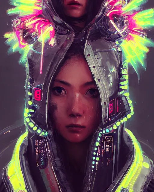 Image similar to detailed portrait Neon fighter Girl, cyberpunk futuristic neon, reflective puffy coat, decorated with traditional Japanese ornaments by Ismail inceoglu dragan bibin hans thoma greg rutkowski Alexandros Pyromallis Nekro Rene Maritte Illustrated, Perfect face, fine details, realistic shaded, fine-face, pretty face