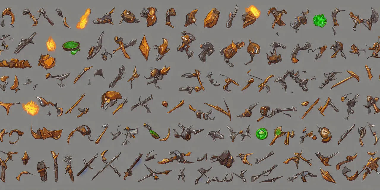 Prompt: game asset sheet, material study, 2 d sprite, weapons, vibrant colors
