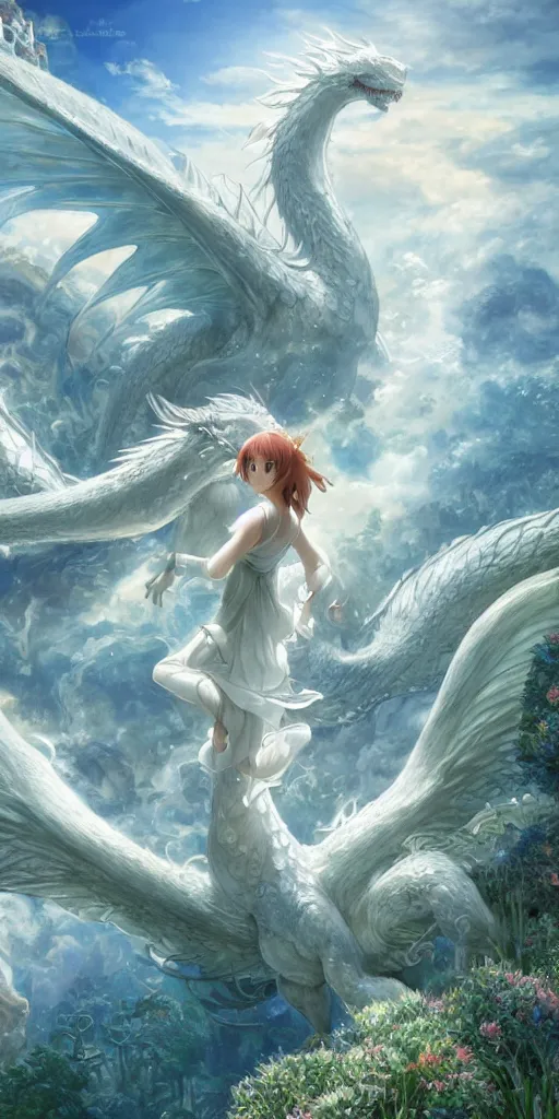 Image similar to the beautiful hyper detailed scene render that a beautiful girl lies in the arms of a huge silver white dragon alone in the fairyland surrounded by white clouds, finely detailed angelic face delicate features, style of studio ghibli, makoto shinkai, raphael lacoste, louis comfort tiffany, artgerm, james jean, ross tran, animation style, hd, ultra wide angle