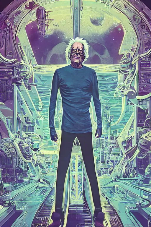 Prompt: Christopher Lloyd as Rick Sanchez, science fiction, retro cover, high details, intricate details, by vincent di fate, artgerm julie bell beeple, 60s, inking, vintage 60s print, screen print