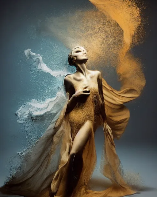 Image similar to mid shot render of an ethereal ghostlike figure fluid simulation in houdini dancing in dark smoke robes and silk veils by ilm, paolo roversi, nick knight, gill elvgren, beautiful futuristic simplified form distorted by turbulent movement, dark studio background, deep color, trending on artstation, hyperrealism, matte painting, dutch golden age, fine detail, cgsociety