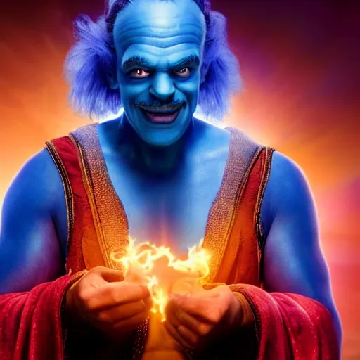 Image similar to doc brown as genie with blue skin in the movie aladdin, movie still 8 k hdr atmospheric lighting