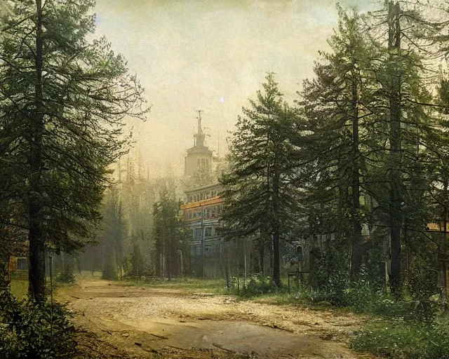 Image similar to beautiful matte painting of cute soviet block of flats in forest by ivan shishkin, bokeh